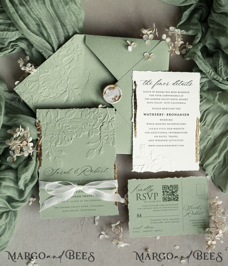 Sage green Wedding? Personalized Embossed Blind Sage green Gold Wedding Invitation, it is great choice! Golden greenery deboss Roses Floral Wedding Invitation-6