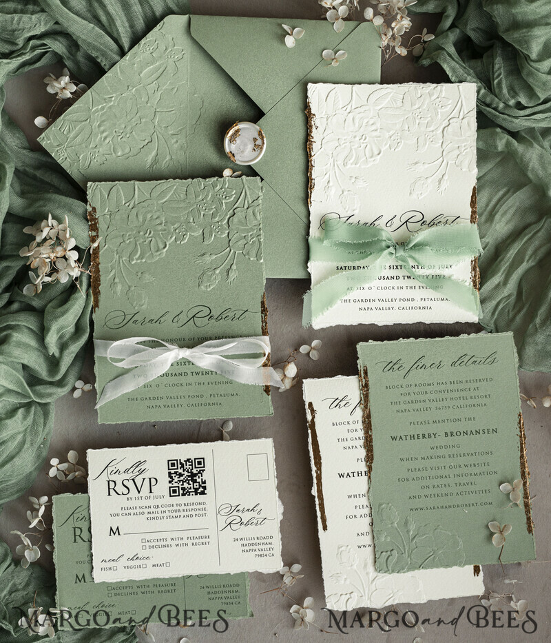 Sage green Wedding? Personalized Embossed Blind Sage green Gold Wedding Invitation, it is great choice! Golden greenery deboss Roses Floral Wedding Invitation-8