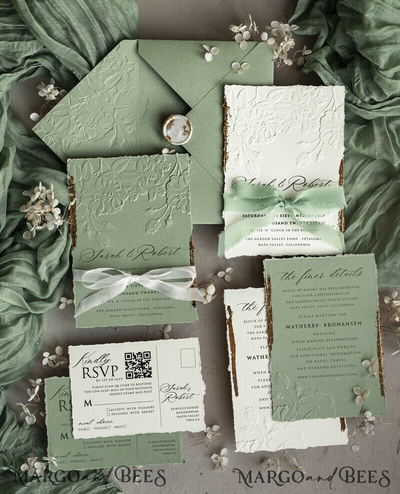 Sage green Wedding? Personalized Embossed Blind Sage green Gold Wedding Invitation, it is great choice! Golden greenery deboss Roses Floral Wedding Invitation-9