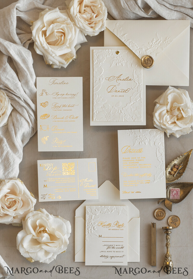 Blush Gold Wedding Invitation with chiffon torn bow and mirror gold monogram , Vellum Wrapping Golden Elegant Roses Floral Wedding Invitation with 3D embossed flowers-10