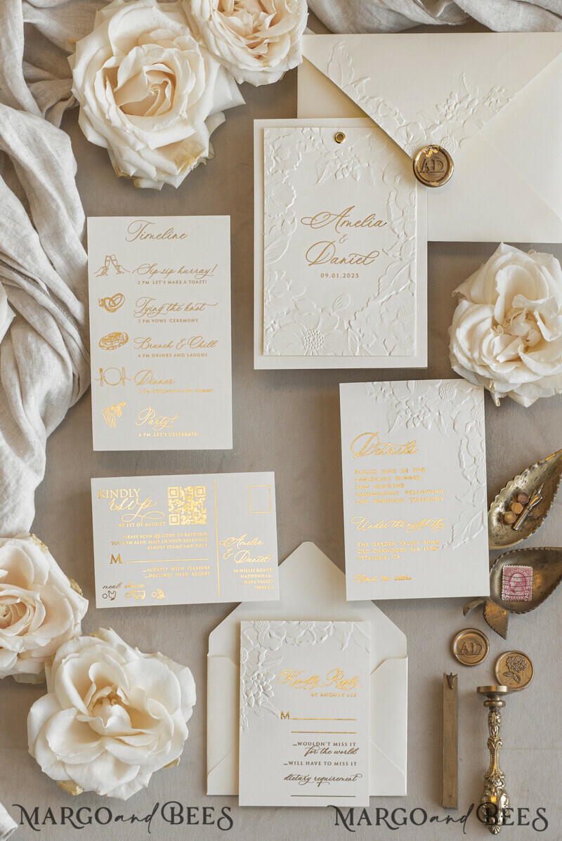 Blush Gold Wedding Invitation with chiffon torn bow and mirror gold monogram , Vellum Wrapping Golden Elegant Roses Floral Wedding Invitation with 3D embossed flowers-11