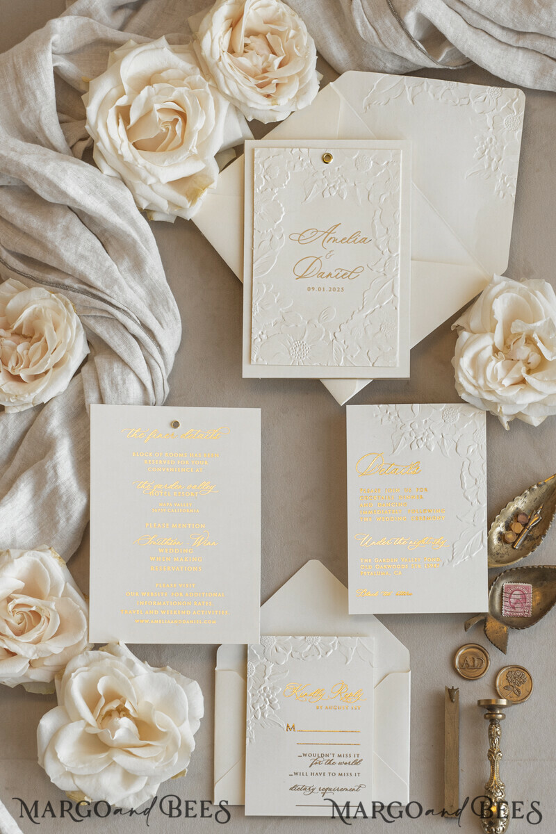 Blush Gold Wedding Invitation with chiffon torn bow and mirror gold monogram , Vellum Wrapping Golden Elegant Roses Floral Wedding Invitation with 3D embossed flowers-12