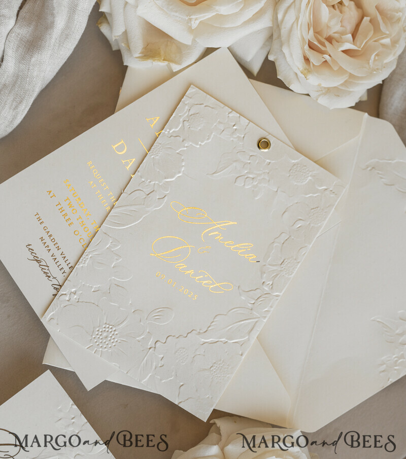 Blush Gold Wedding Invitation with chiffon torn bow and mirror gold monogram , Vellum Wrapping Golden Elegant Roses Floral Wedding Invitation with 3D embossed flowers-14