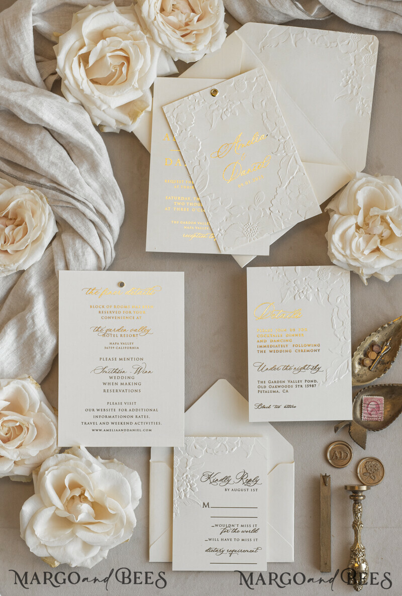 Blush Gold Wedding Invitation with chiffon torn bow and mirror gold monogram , Vellum Wrapping Golden Elegant Roses Floral Wedding Invitation with 3D embossed flowers-15