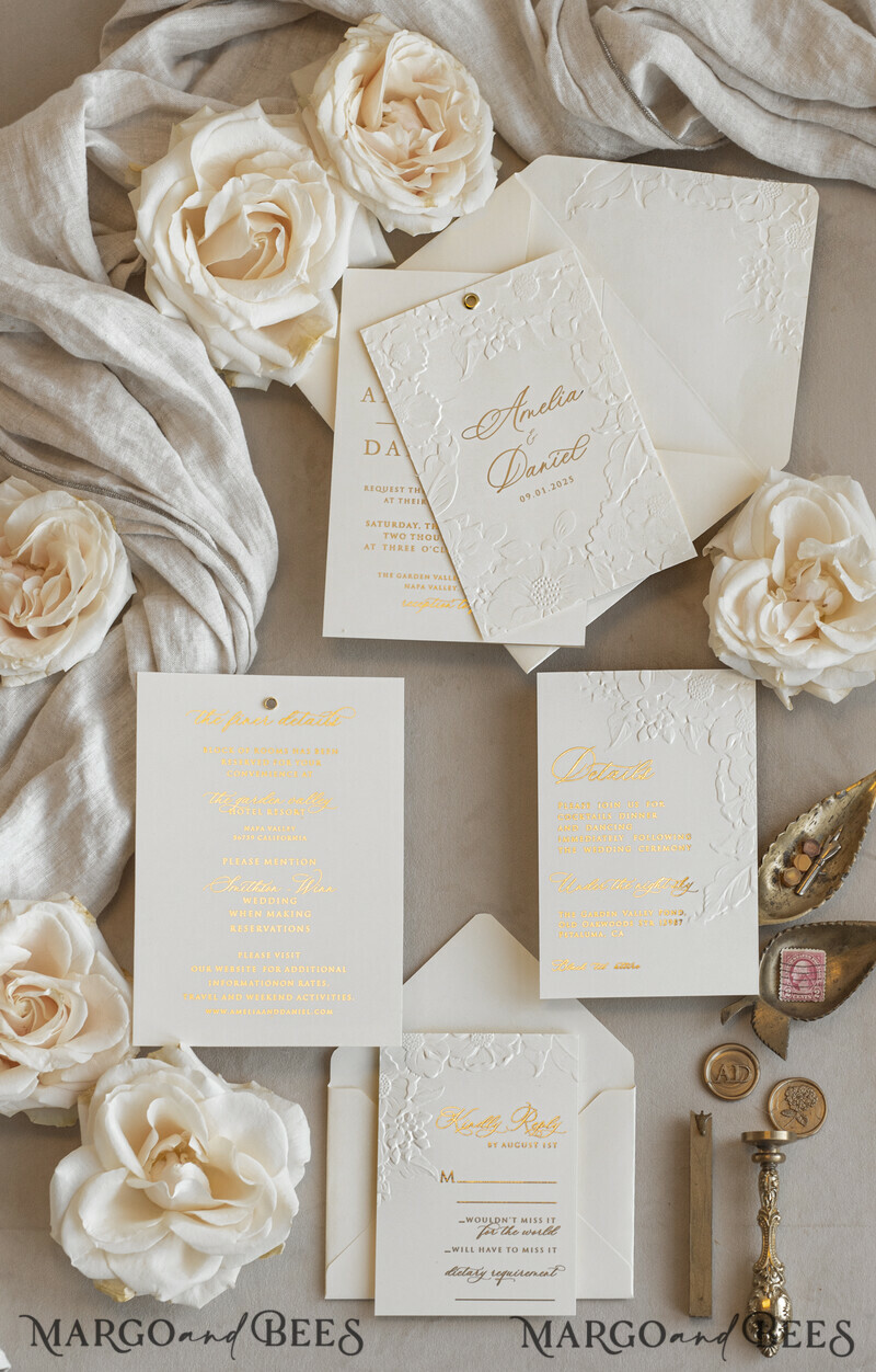 Blush Gold Wedding Invitation with chiffon torn bow and mirror gold monogram , Vellum Wrapping Golden Elegant Roses Floral Wedding Invitation with 3D embossed flowers-16