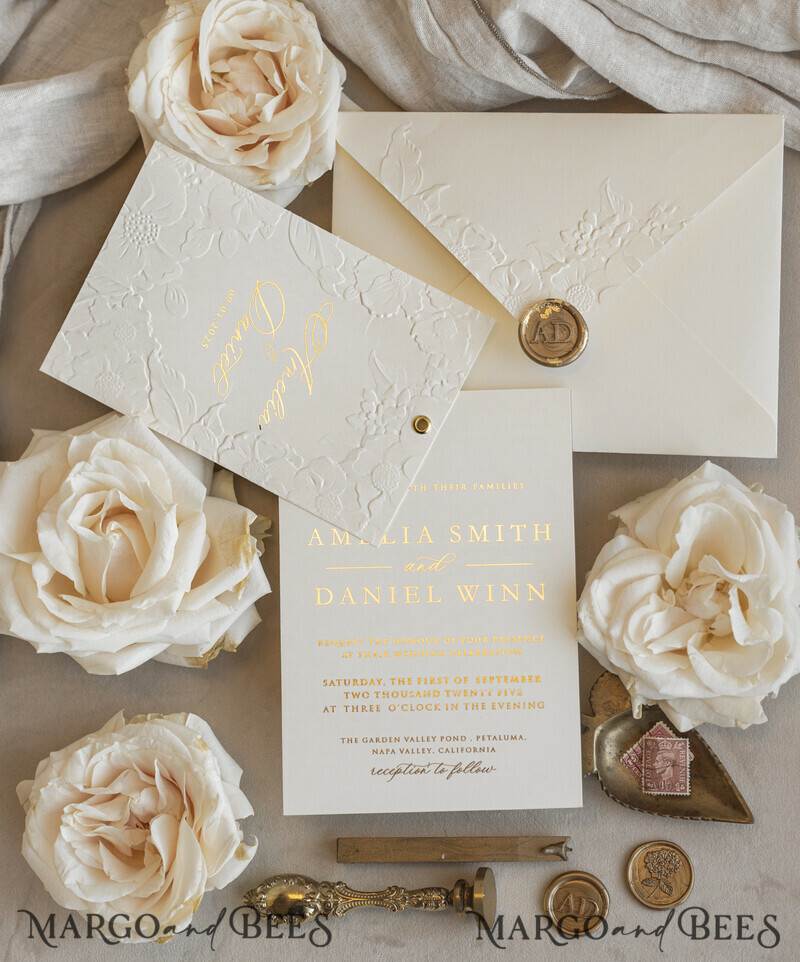 Blush Gold Wedding Invitation with chiffon torn bow and mirror gold monogram , Vellum Wrapping Golden Elegant Roses Floral Wedding Invitation with 3D embossed flowers-2