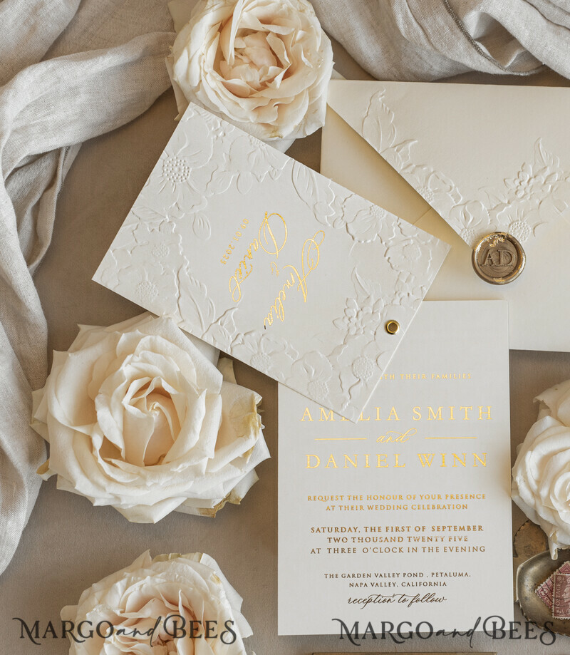 Blush Gold Wedding Invitation with chiffon torn bow and mirror gold monogram , Vellum Wrapping Golden Elegant Roses Floral Wedding Invitation with 3D embossed flowers-3