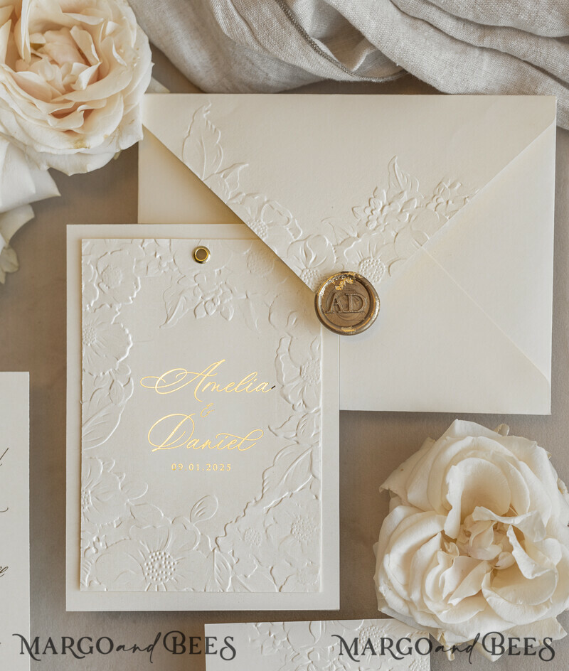 Blush Gold Wedding Invitation with chiffon torn bow and mirror gold monogram , Vellum Wrapping Golden Elegant Roses Floral Wedding Invitation with 3D embossed flowers-8