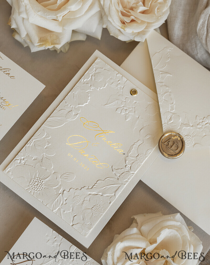 Blush Gold Wedding Invitation with chiffon torn bow and mirror gold monogram , Vellum Wrapping Golden Elegant Roses Floral Wedding Invitation with 3D embossed flowers-9