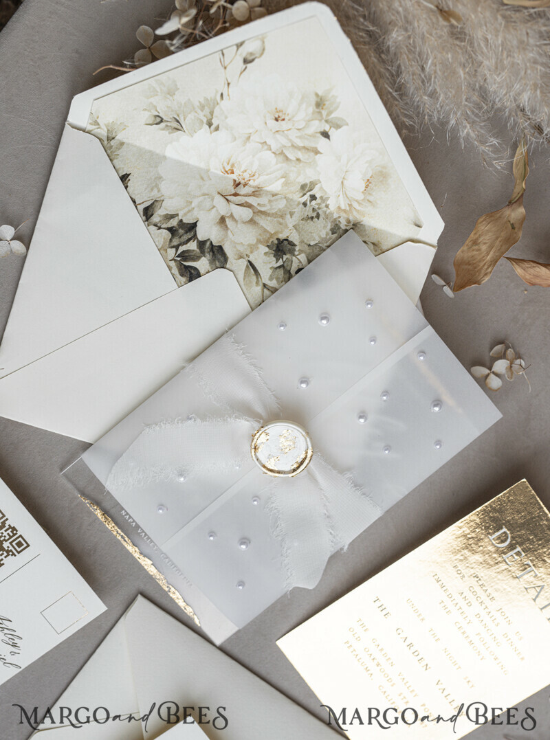 Ivory Beaded Wrapping Wedding Invitations, Elegant Clear Acrylic Wedding Cards, Plexi Transparent Wedding Invites, Wedding Invitation Suite with Pearls-4