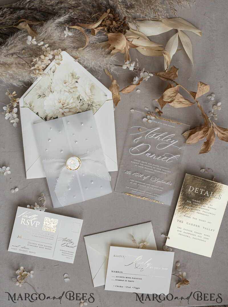 Ivory Beaded Wrapping Wedding Invitations, Elegant Clear Acrylic Wedding Cards, Plexi Transparent Wedding Invites, Wedding Invitation Suite with Pearls-13