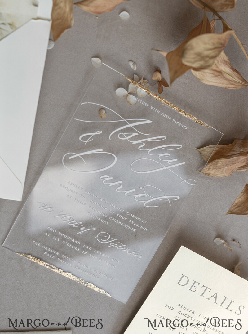 Ivory Beaded Wrapping Wedding Invitations, Elegant Clear Acrylic Wedding Cards, Plexi Transparent Wedding Invites, Wedding Invitation Suite with Pearls-14