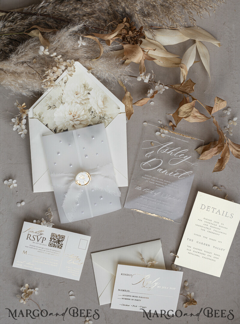 Ivory Beaded Wrapping Wedding Invitations, Elegant Clear Acrylic Wedding Cards, Plexi Transparent Wedding Invites, Wedding Invitation Suite with Pearls-15