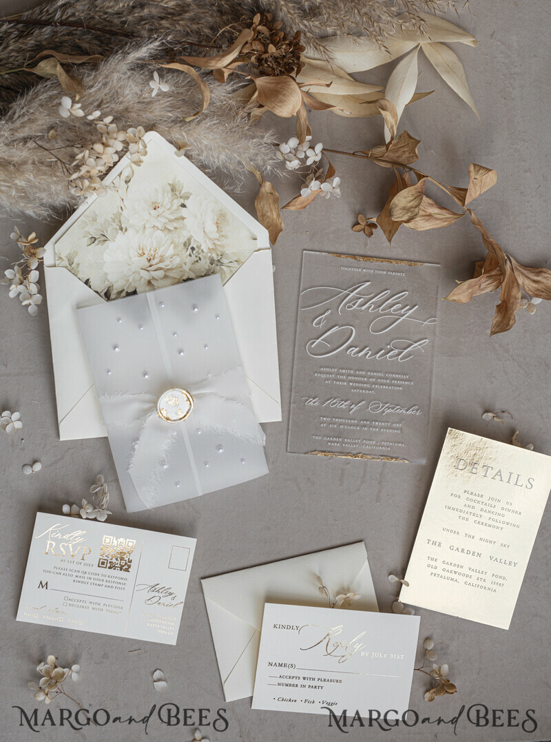 Ivory Beaded Wrapping Wedding Invitations, Elegant Clear Acrylic Wedding Cards, Plexi Transparent Wedding Invites, Wedding Invitation Suite with Pearls-16