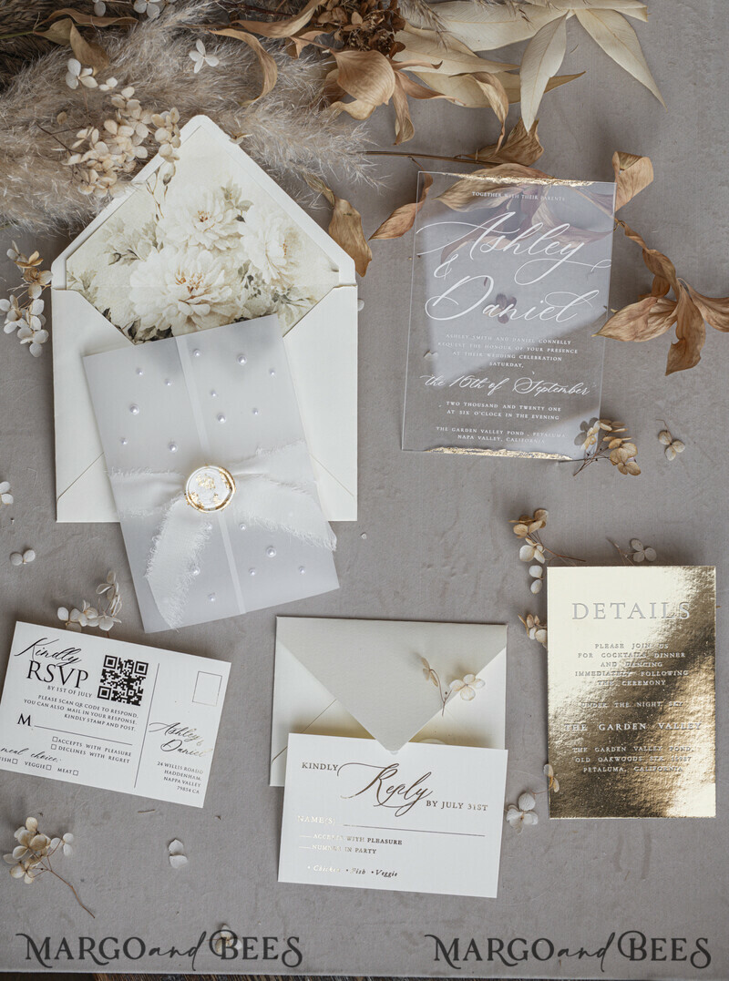 Ivory Beaded Wrapping Wedding Invitations, Elegant Clear Acrylic Wedding Cards, Plexi Transparent Wedding Invites, Wedding Invitation Suite with Pearls-18
