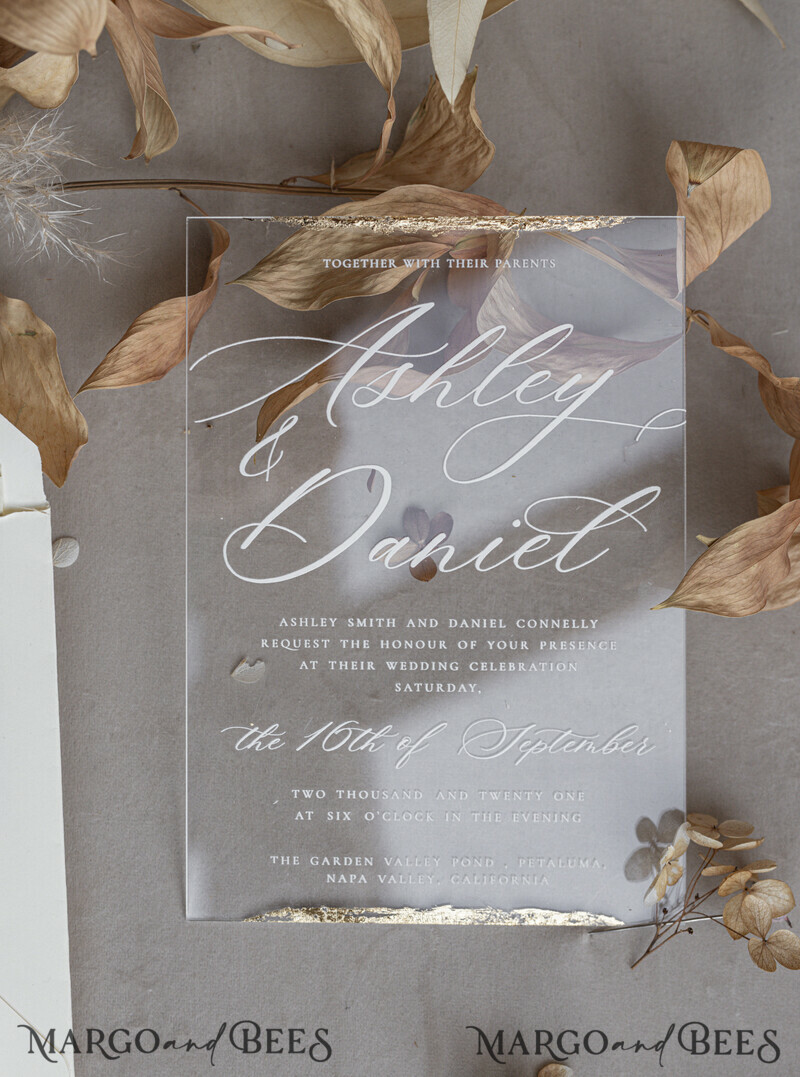 Ivory Beaded Wrapping Wedding Invitations, Elegant Clear Acrylic Wedding Cards, Plexi Transparent Wedding Invites, Wedding Invitation Suite with Pearls-1