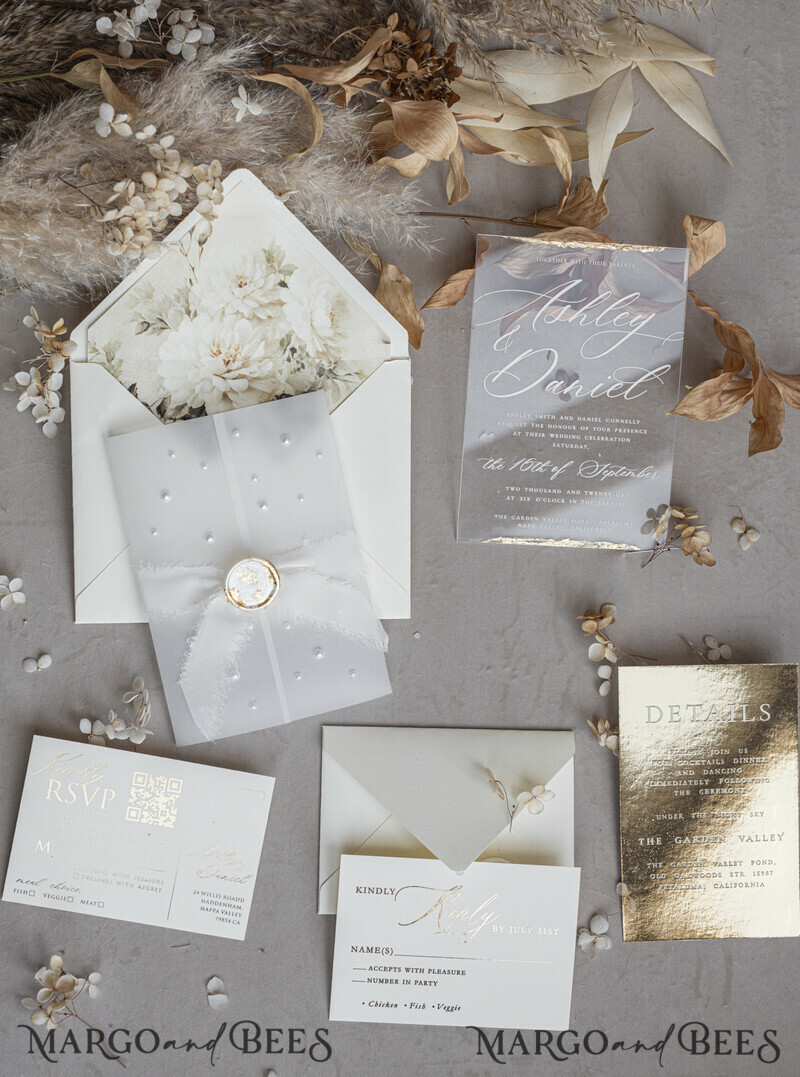 Ivory Beaded Wrapping Wedding Invitations, Elegant Clear Acrylic Wedding Cards, Plexi Transparent Wedding Invites, Wedding Invitation Suite with Pearls-20
