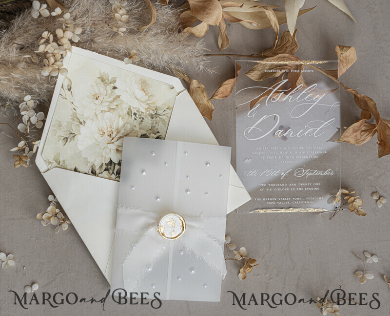 Ivory Beaded Wrapping Wedding Invitations, Elegant Clear Acrylic Wedding Cards, Plexi Transparent Wedding Invites, Wedding Invitation Suite with Pearls-3