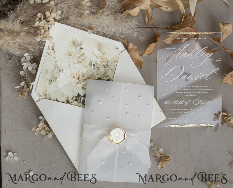 Ivory Beaded Wrapping Wedding Invitations, Elegant Clear Acrylic Wedding Cards, Plexi Transparent Wedding Invites, Wedding Invitation Suite with Pearls-21