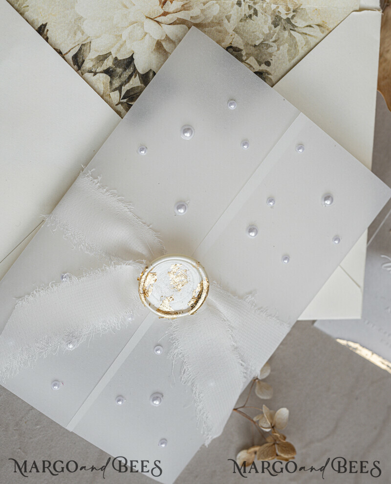 Ivory Beaded Wrapping Wedding Invitations, Elegant Clear Acrylic Wedding Cards, Plexi Transparent Wedding Invites, Wedding Invitation Suite with Pearls-22