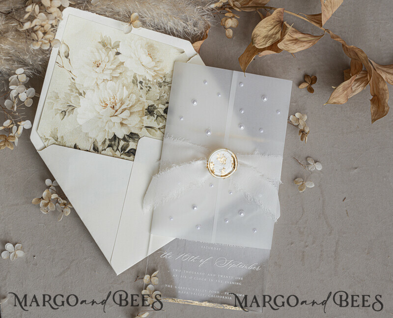 Ivory Beaded Wrapping Wedding Invitations, Elegant Clear Acrylic Wedding Cards, Plexi Transparent Wedding Invites, Wedding Invitation Suite with Pearls-23