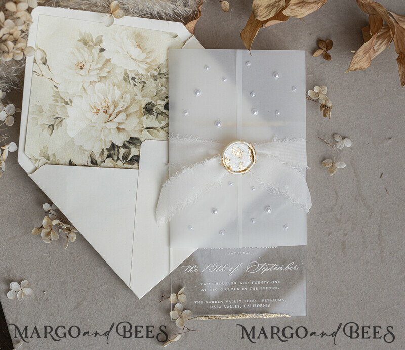 Ivory Beaded Wrapping Wedding Invitations, Elegant Clear Acrylic Wedding Cards, Plexi Transparent Wedding Invites, Wedding Invitation Suite with Pearls-24