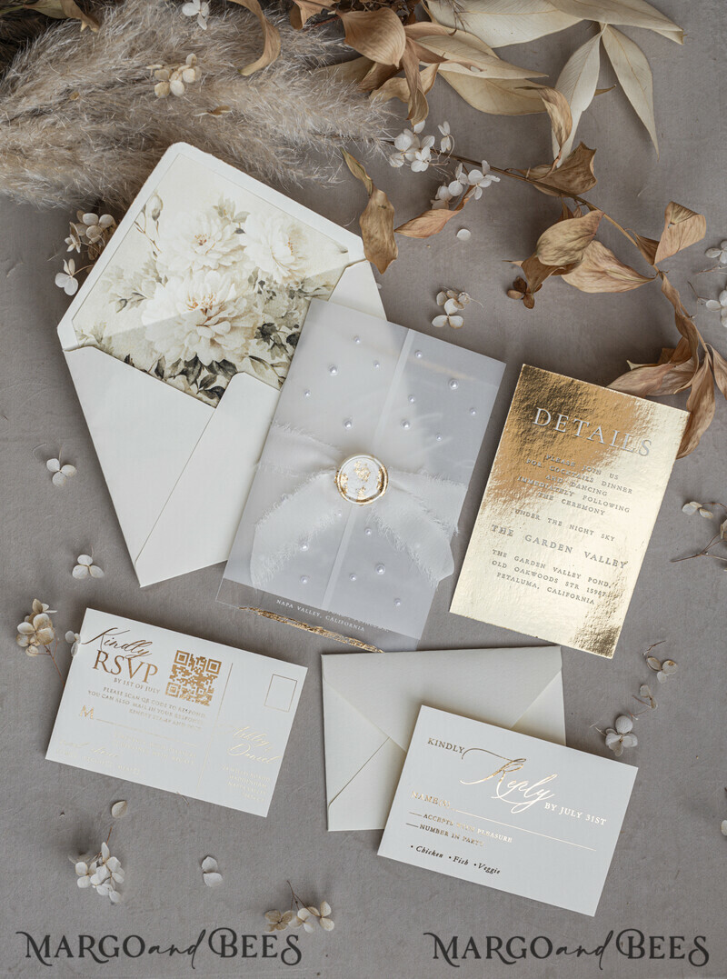 Ivory Beaded Wrapping Wedding Invitations, Elegant Clear Acrylic Wedding Cards, Plexi Transparent Wedding Invites, Wedding Invitation Suite with Pearls-7
