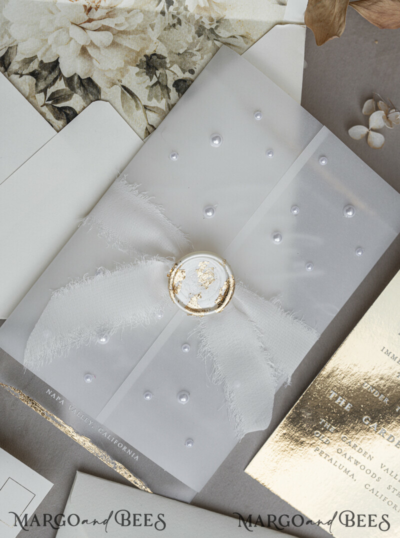 Ivory Beaded Wrapping Wedding Invitations, Elegant Clear Acrylic Wedding Cards, Plexi Transparent Wedding Invites, Wedding Invitation Suite with Pearls-8