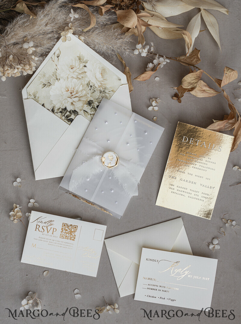 Ivory Beaded Wrapping Wedding Invitations, Elegant Clear Acrylic Wedding Cards, Plexi Transparent Wedding Invites, Wedding Invitation Suite with Pearls-9
