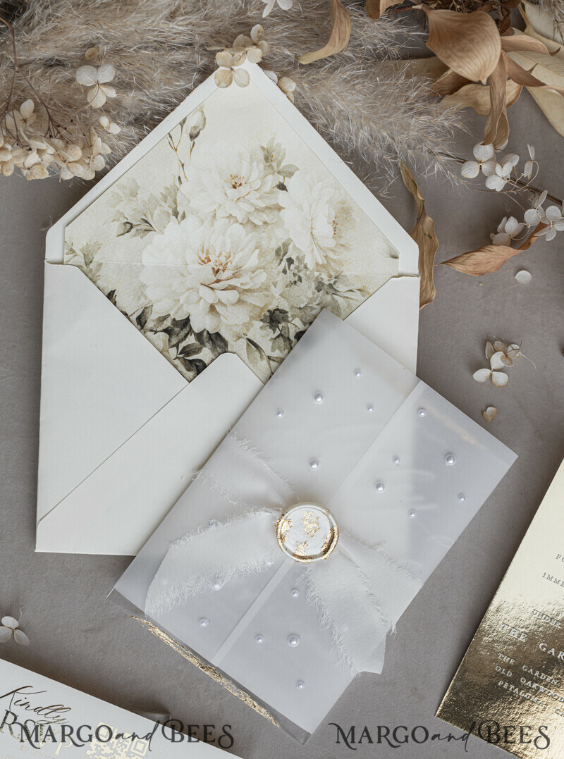 Ivory Beaded Wrapping Wedding Invitations, Elegant Clear Acrylic Wedding Cards, Plexi Transparent Wedding Invites, Wedding Invitation Suite with Pearls-10