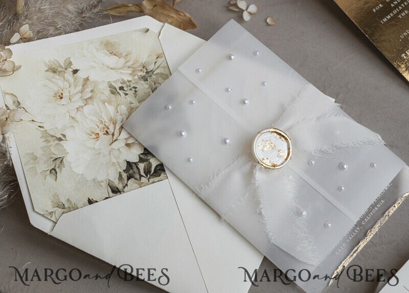 Ivory Beaded Wrapping Wedding Invitations, Elegant Clear Acrylic Wedding Cards, Plexi Transparent Wedding Invites, Wedding Invitation Suite with Pearls-12