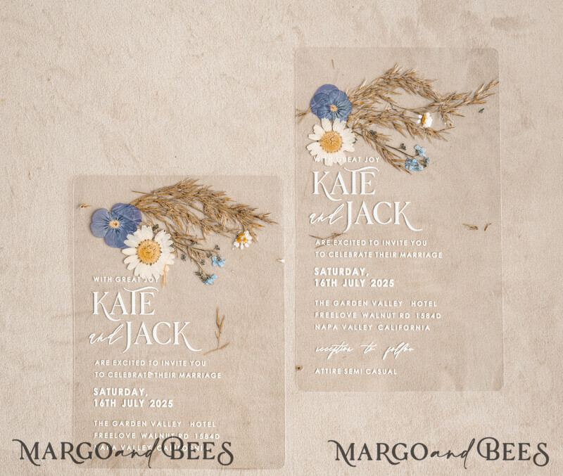 Dusty Blue Clear real flowers Wedding Invitations, Elegant Garden pampass gras Wedding Cards, Velvet transparent Wedding Invites, Wedding Invitation Suite-4