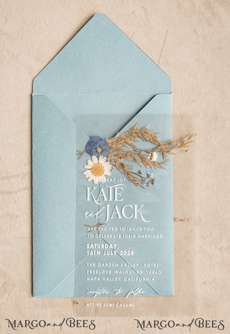 Dusty Blue Clear real flowers Wedding Invitations, Elegant Garden pampass gras Wedding Cards, Velvet transparent Wedding Invites, Wedding Invitation Suite-5