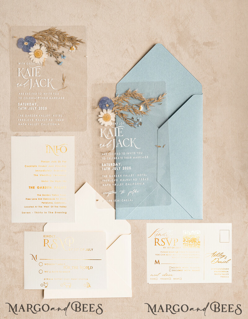 Dusty Blue Clear real flowers Wedding Invitations, Elegant Garden pampass gras Wedding Cards, Velvet transparent Wedding Invites, Wedding Invitation Suite-6
