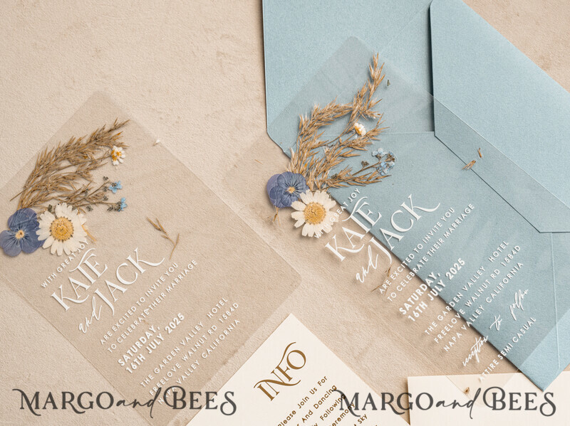 Dusty Blue Clear real flowers Wedding Invitations, Elegant Garden pampass gras Wedding Cards, Velvet transparent Wedding Invites, Wedding Invitation Suite-9