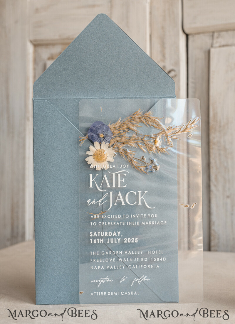 Dusty Blue Clear real flowers Wedding Invitations, Elegant Garden pampass gras Wedding Cards, Velvet transparent Wedding Invites, Wedding Invitation Suite-0
