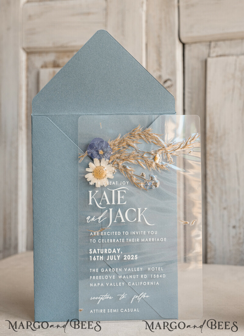 Dusty Blue Clear real flowers Wedding Invitations, Elegant Garden pampass gras Wedding Cards, Velvet transparent Wedding Invites, Wedding Invitation Suite-1