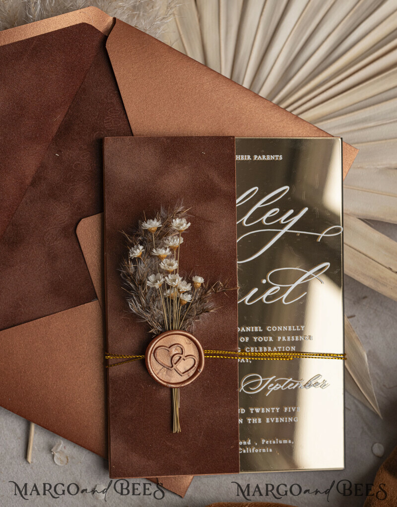 These fall wedding colors will help you create a stunning fall celebration. Burnt orange Acrylic Wedding Invites. Fall Mirror gold Wedding Invitations.-4