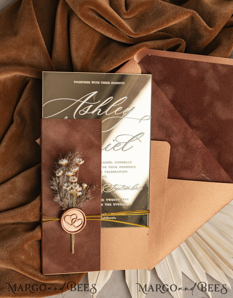 These fall wedding colors will help you create a stunning fall celebration. Burnt orange Acrylic Wedding Invites. Fall Mirror gold Wedding Invitations.-18