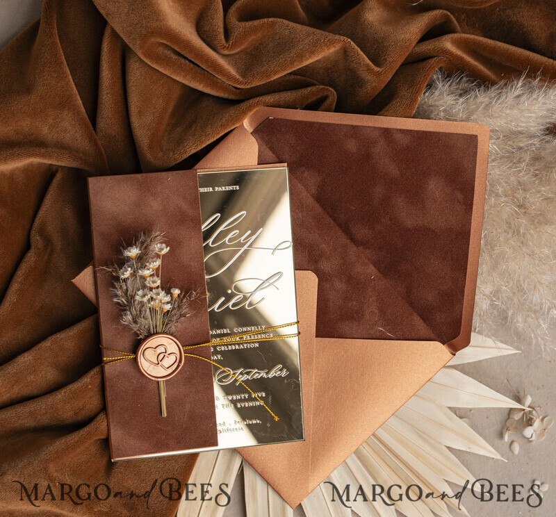 These fall wedding colors will help you create a stunning fall celebration. Burnt orange Acrylic Wedding Invites. Fall Mirror gold Wedding Invitations.-23