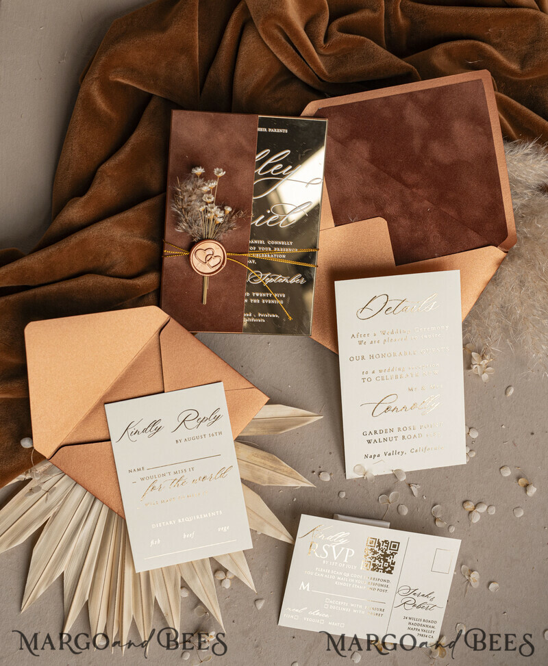 These fall wedding colors will help you create a stunning fall celebration. Burnt orange Acrylic Wedding Invites. Fall Mirror gold Wedding Invitations.-34