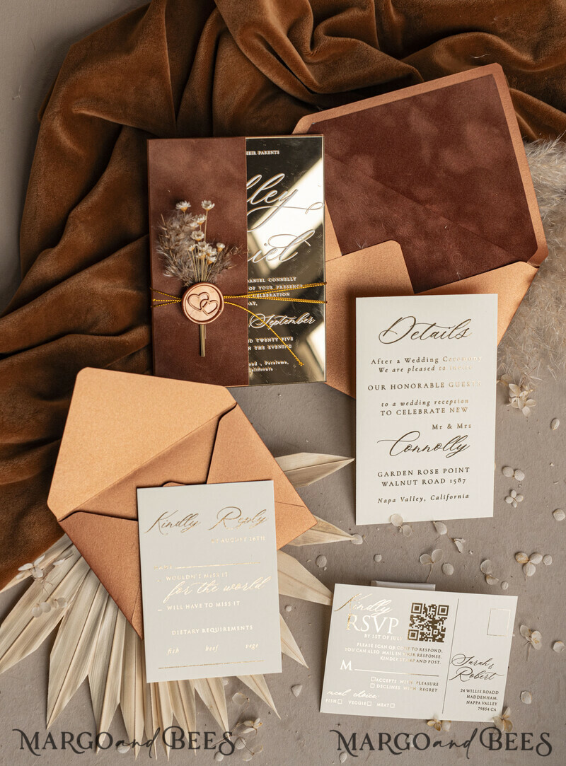 These fall wedding colors will help you create a stunning fall celebration. Burnt orange Acrylic Wedding Invites. Fall Mirror gold Wedding Invitations.-6