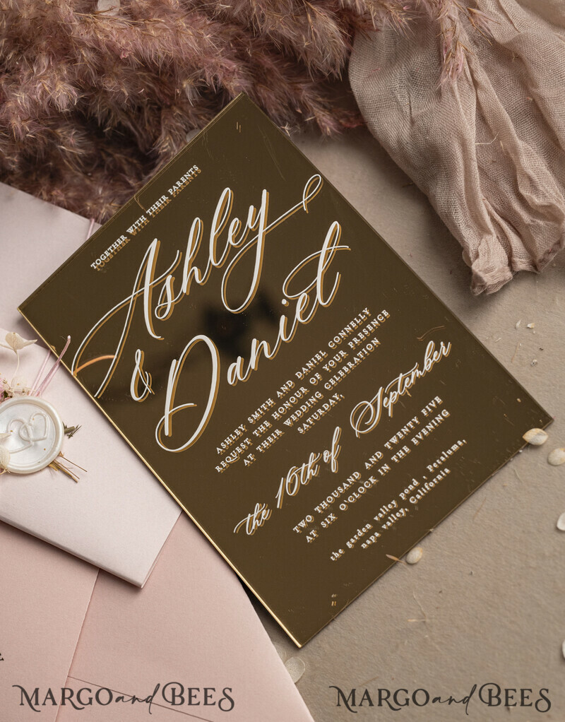 Luxury Mirror gold Wedding Invitations, Elegant Blush Pink Wedding Cards, Glamour Acrylic Wedding Invites, Clear Plexi Wedding Invitation Suite-13