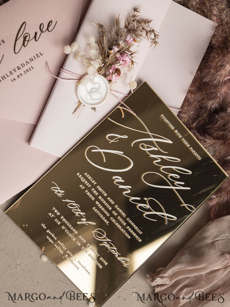 Luxury Mirror gold Wedding Invitations, Elegant Blush Pink Wedding Cards, Glamour Acrylic Wedding Invites, Clear Plexi Wedding Invitation Suite-2