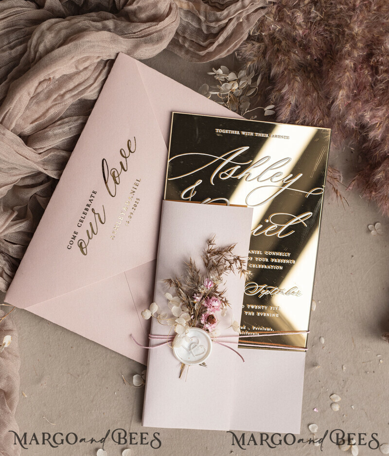 Luxury Mirror gold Wedding Invitations, Elegant Blush Pink Wedding Cards, Glamour Acrylic Wedding Invites, Clear Plexi Wedding Invitation Suite-11