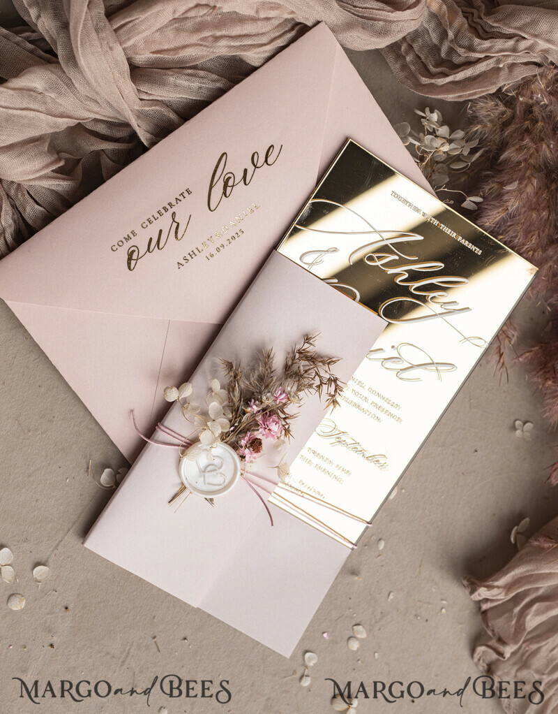 Luxury Mirror gold Wedding Invitations, Elegant Blush Pink Wedding Cards, Glamour Acrylic Wedding Invites, Clear Plexi Wedding Invitation Suite-12