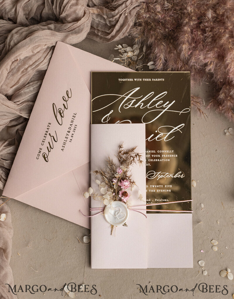 Luxury Mirror gold Wedding Invitations, Elegant Blush Pink Wedding Cards, Glamour Acrylic Wedding Invites, Clear Plexi Wedding Invitation Suite-14