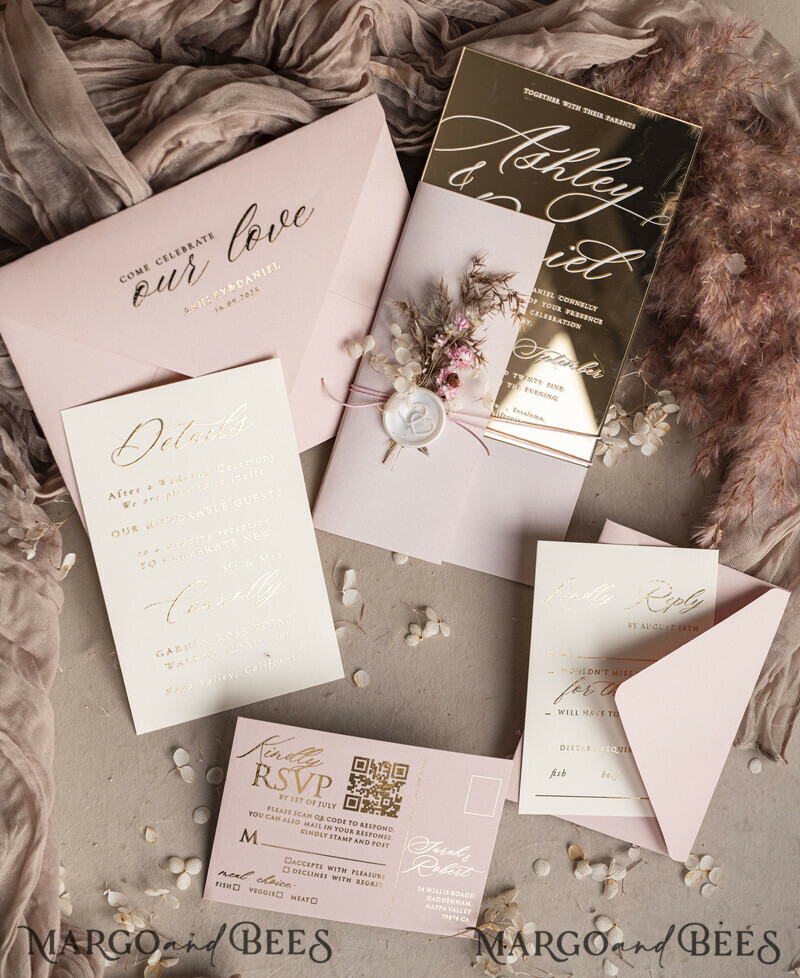 Luxury Mirror gold Wedding Invitations, Elegant Blush Pink Wedding Cards, Glamour Acrylic Wedding Invites, Clear Plexi Wedding Invitation Suite-1