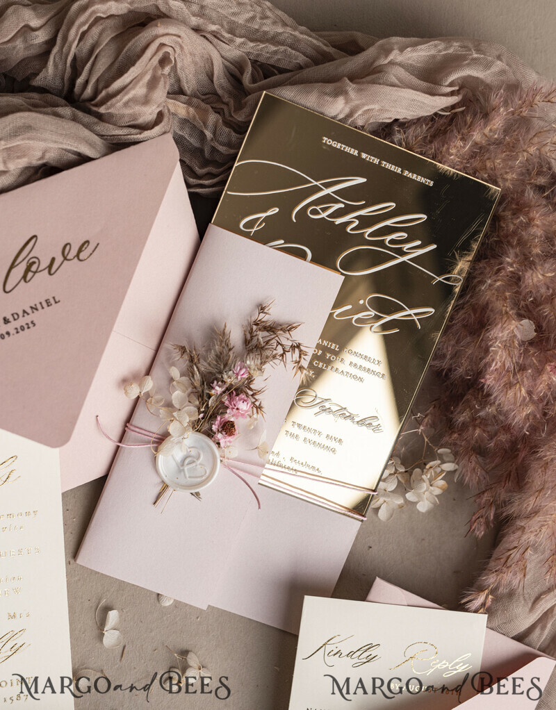 Luxury Mirror gold Wedding Invitations, Elegant Blush Pink Wedding Cards, Glamour Acrylic Wedding Invites, Clear Plexi Wedding Invitation Suite-16