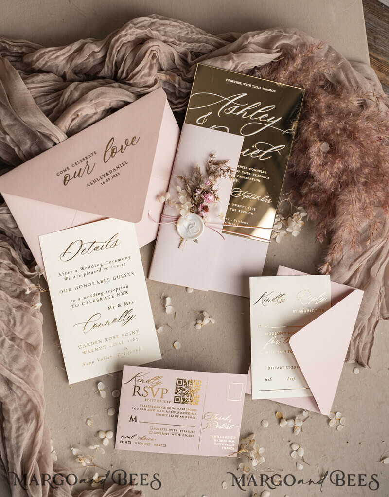 Luxury Mirror gold Wedding Invitations, Elegant Blush Pink Wedding Cards, Glamour Acrylic Wedding Invites, Clear Plexi Wedding Invitation Suite-8